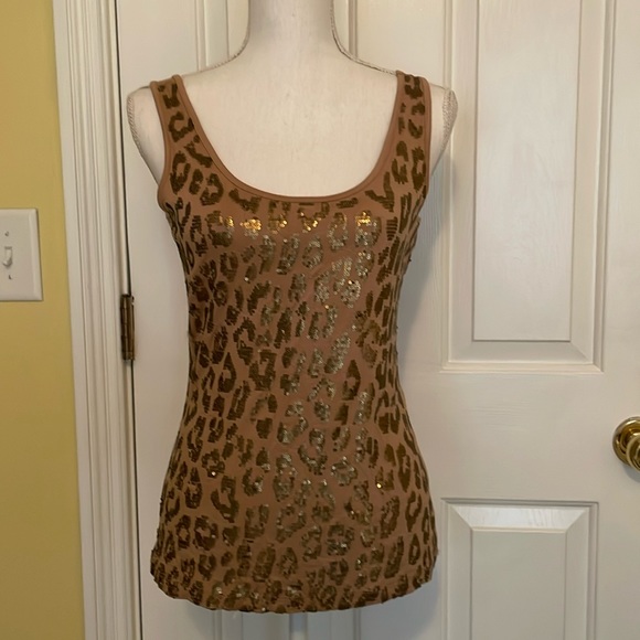 Caché Champagne Vintage Animal Print Top w/ Sequin Front - Picture 2 of 9